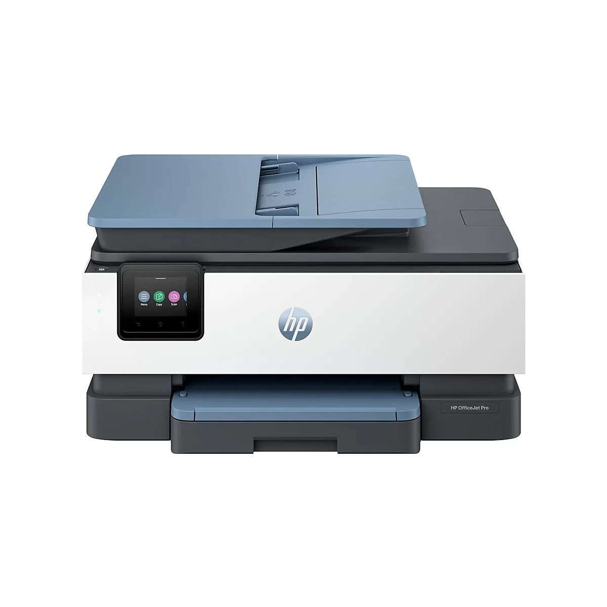 Drucker, weiß und grau. Bedienfeld mit farbigen Icons. HP OfficeJet Pro Schriftzug.