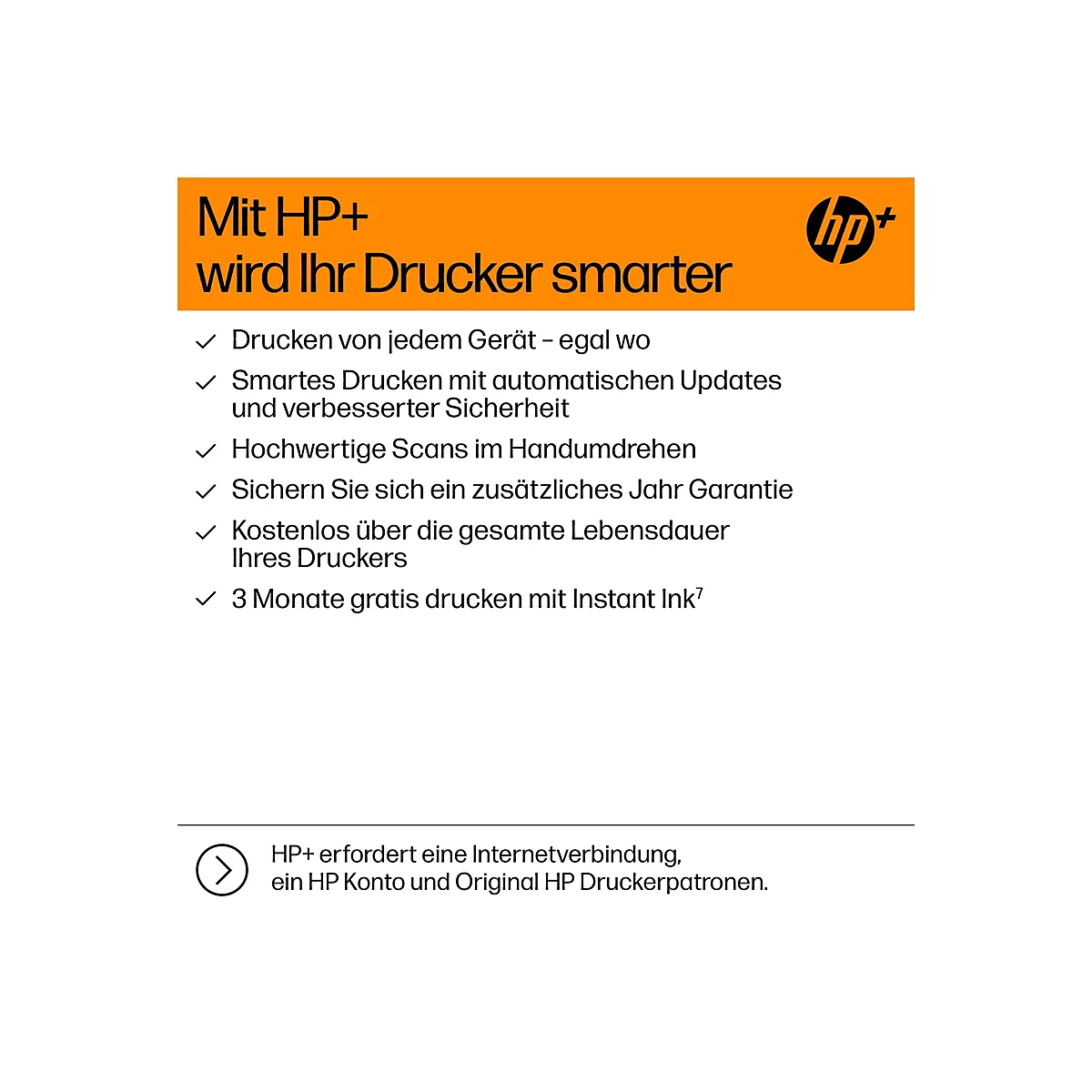 Zone orange avec texte : Avec HP+, votre imprimante devient plus intelligente. En dessous, des puces avec des avantages.