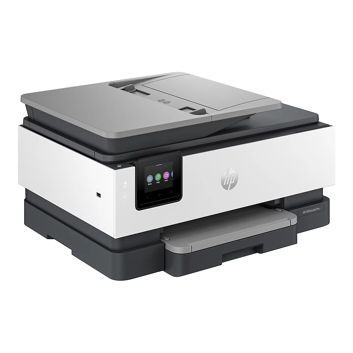 Ein grauer und weißer HP OfficeJet Pro Drucker, mit Touchscreen und HP Logo.