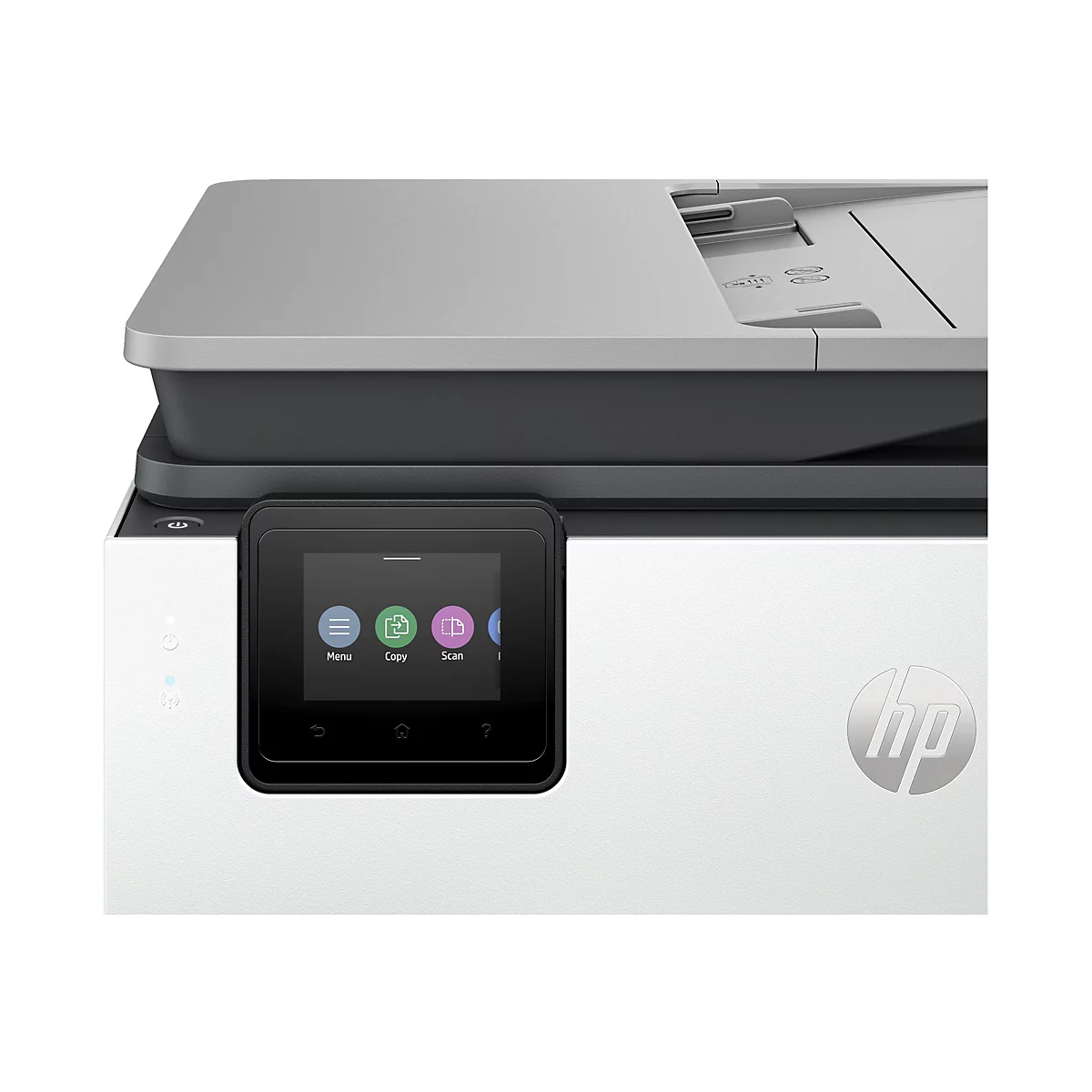 Ein weiß-grauer Drucker. Auf dem Display stehen die Optionen Menü, Kopieren, Scannen. Das HP Logo ist rechts unten.