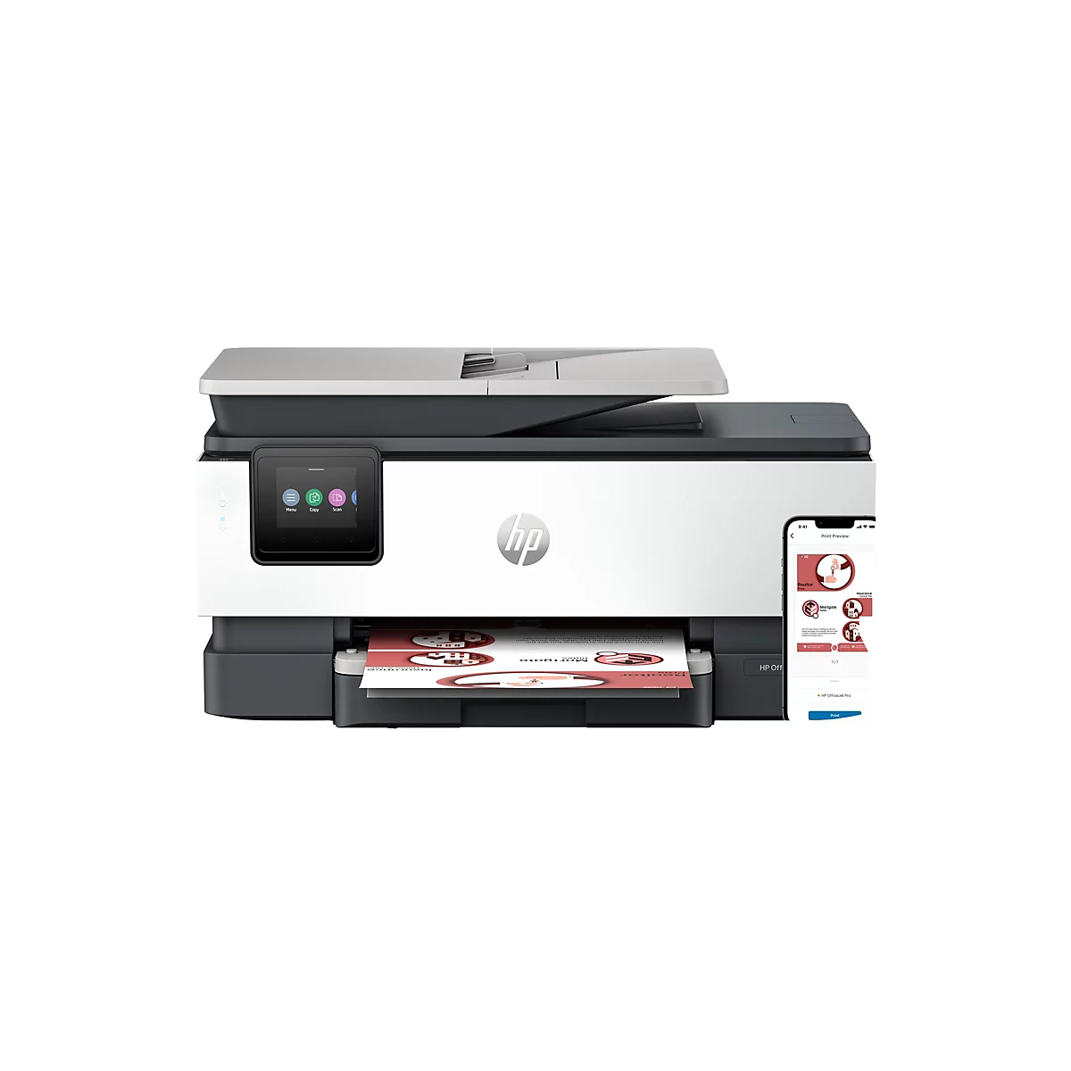 Ein HP OfficeJet Pro Drucker, der ein Blatt bedruckt. Ein Smartphone zeigt eine Druckvorschau.