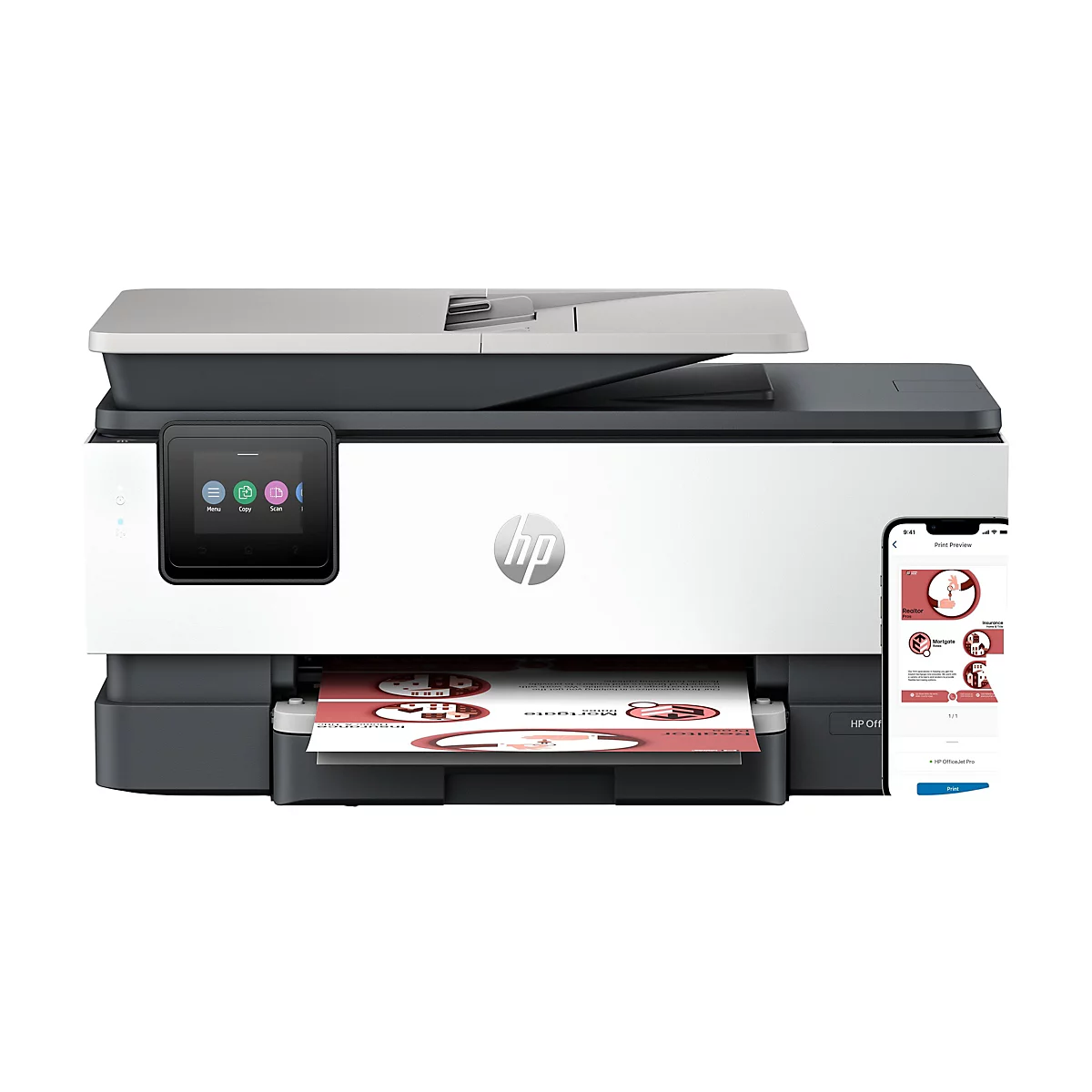Ein weiß-schwarzer HP OfficeJet Pro Drucker, zeigt ein Vorschaubild auf einem Smartphone, das ein Dokument mit Diagrammen anzeigt, das aus dem Drucker kommt.