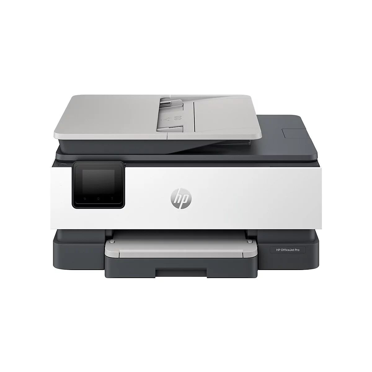Gros plan d'une imprimante HP OfficeJet Pro blanche et grise sur fond blanc.