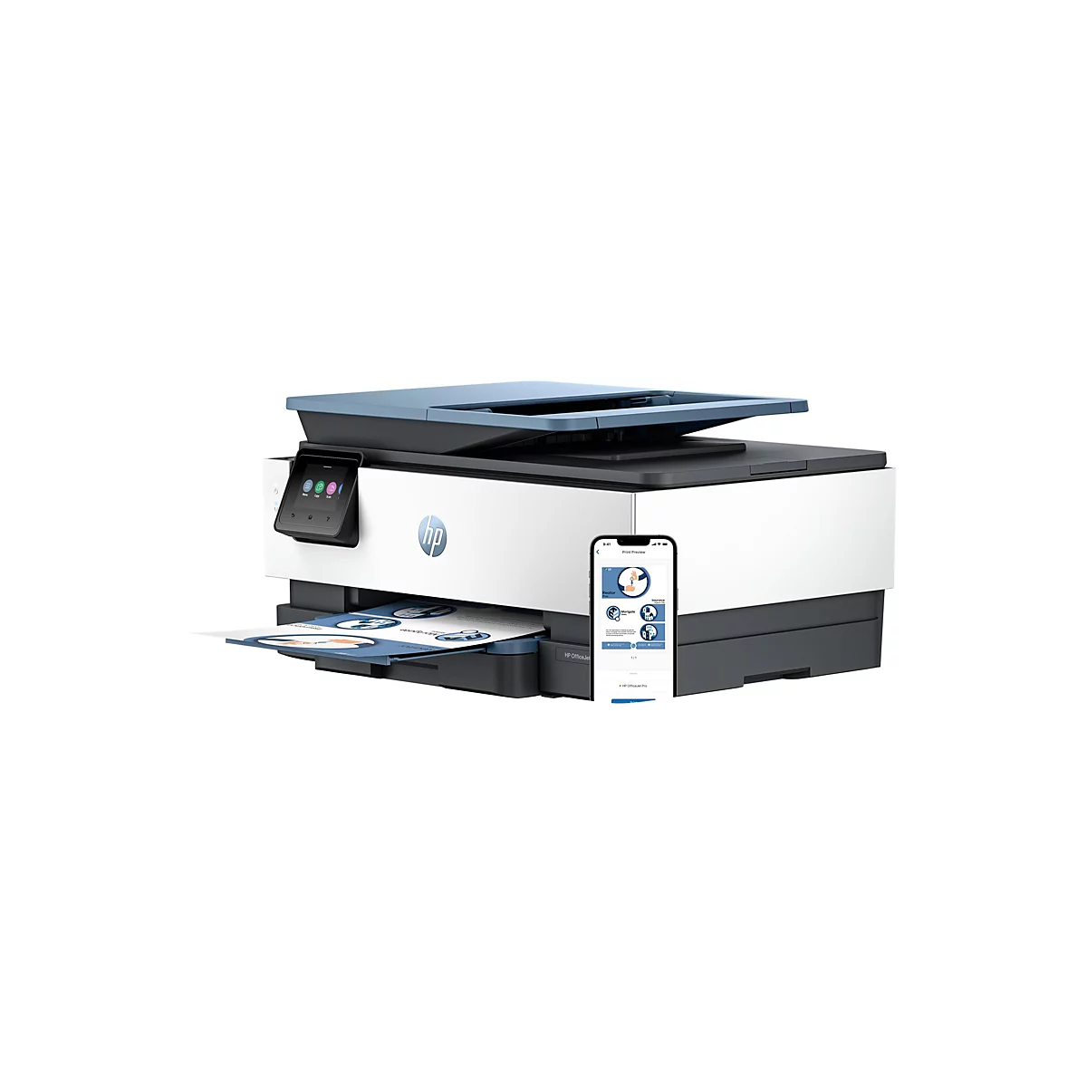 Ein HP OfficeJet Pro Drucker, weiß-grau-blau, mit Smartphone und Ausdruck.