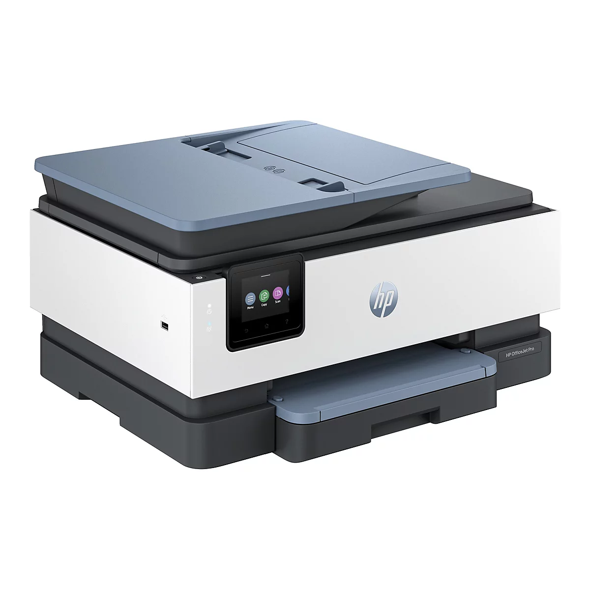 Une imprimante HP OfficeJet Pro. Boîtier blanc, couvercle bleu-gris. Petit écran avec options. Logo HP.