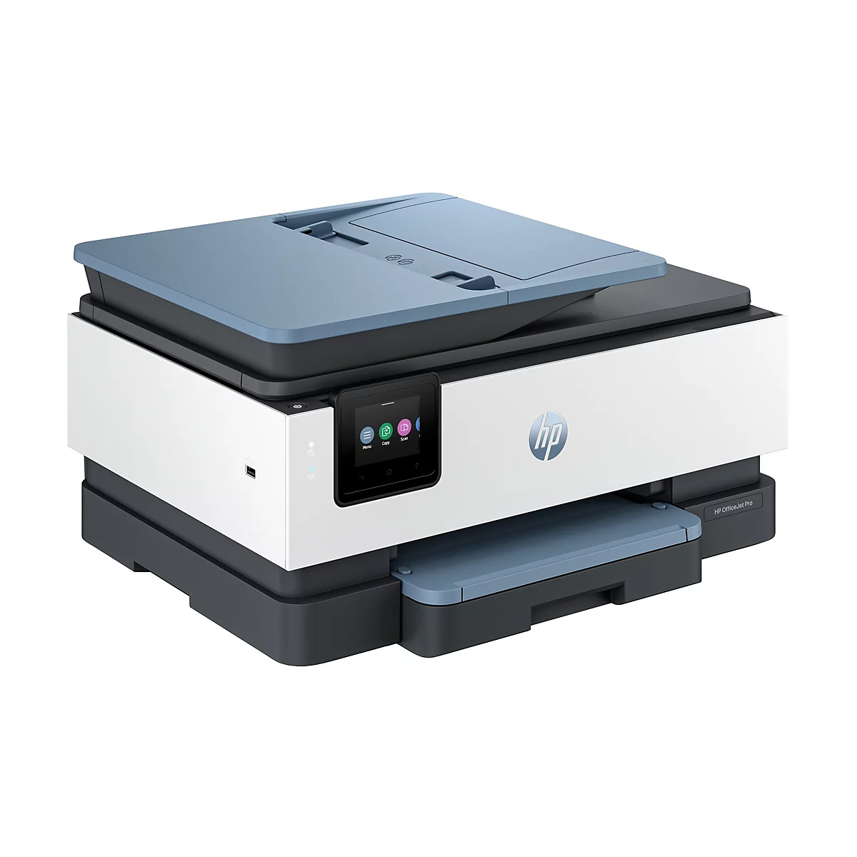 Imprimante HP OfficeJet Pro. Design blanc et gris avec panneau de commande et couvercle bleu. Logo HP visible.