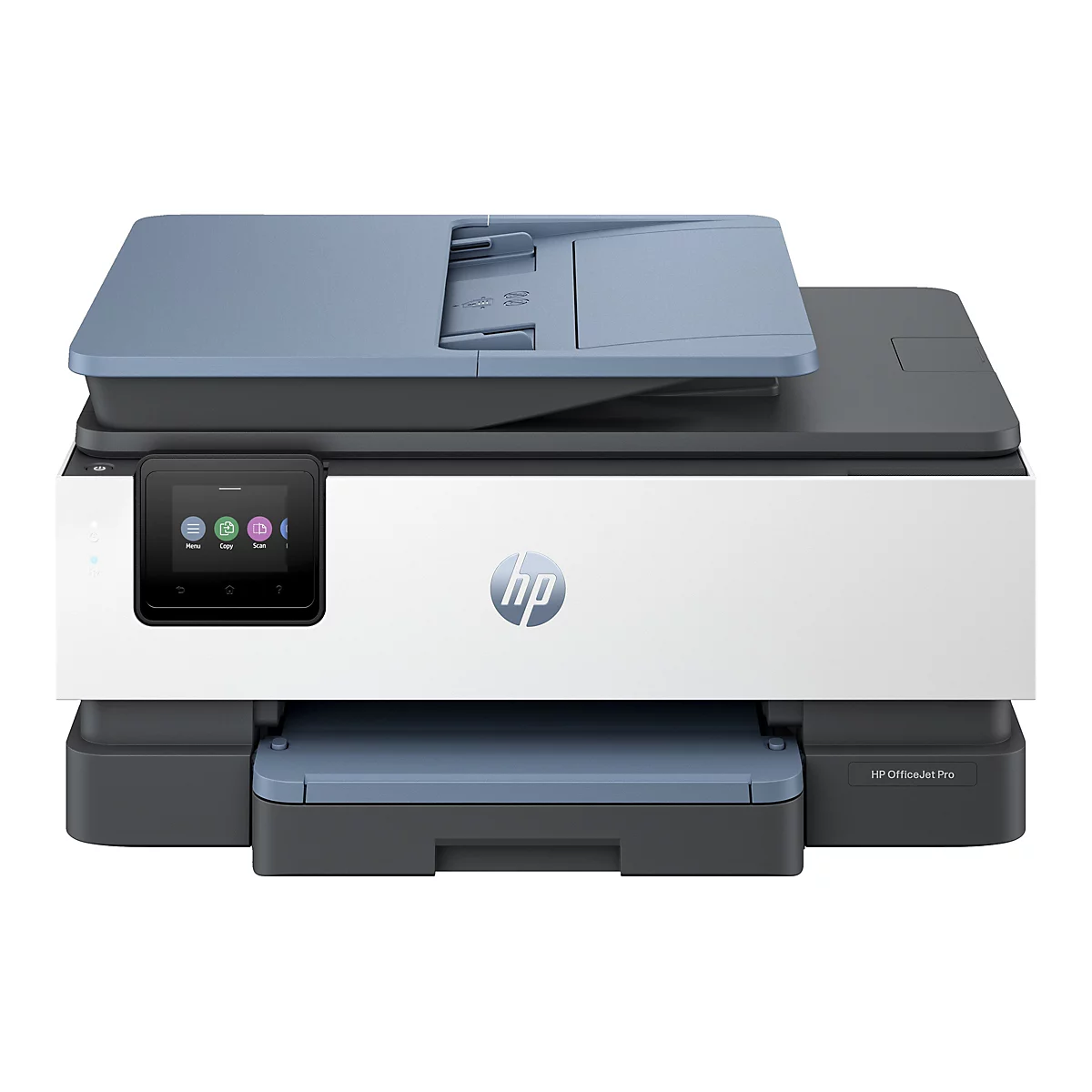 Une imprimante HP OfficeJet Pro, blanche avec des éléments gris. Alimentation papier, écran et logo HP sont visibles.