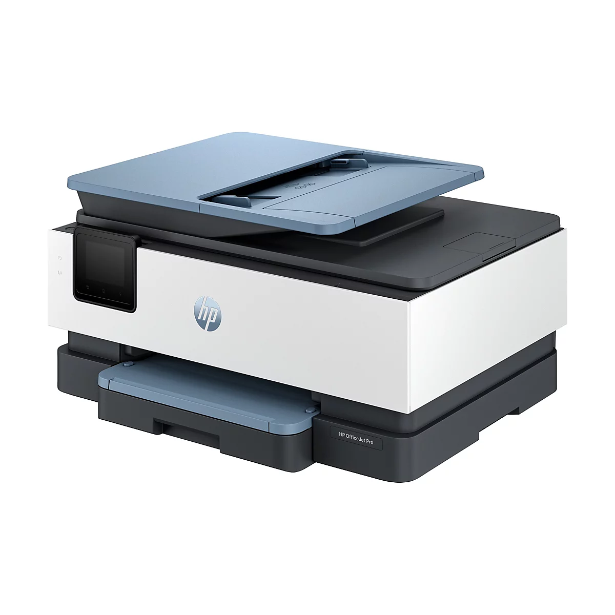 Une imprimante blanche avec des éléments gris-bleu. Le scanner est ouvert. Sur le devant se trouve un écran, le logo HP et le nom HP OfficeJet Pro.