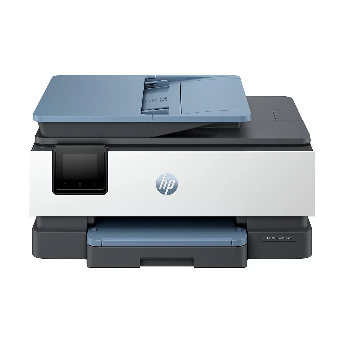 Une imprimante HP OfficeJet Pro blanche et grise. Elle a un couvercle bleu et une barre de commande noire avec écran tactile. Le logo HP est sur le devant.