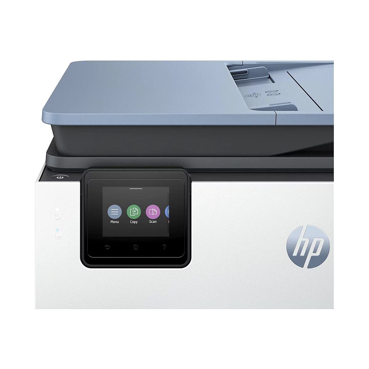 Une imprimante multifonction HP, blanche avec un dessus gris et un panneau de commande noir.