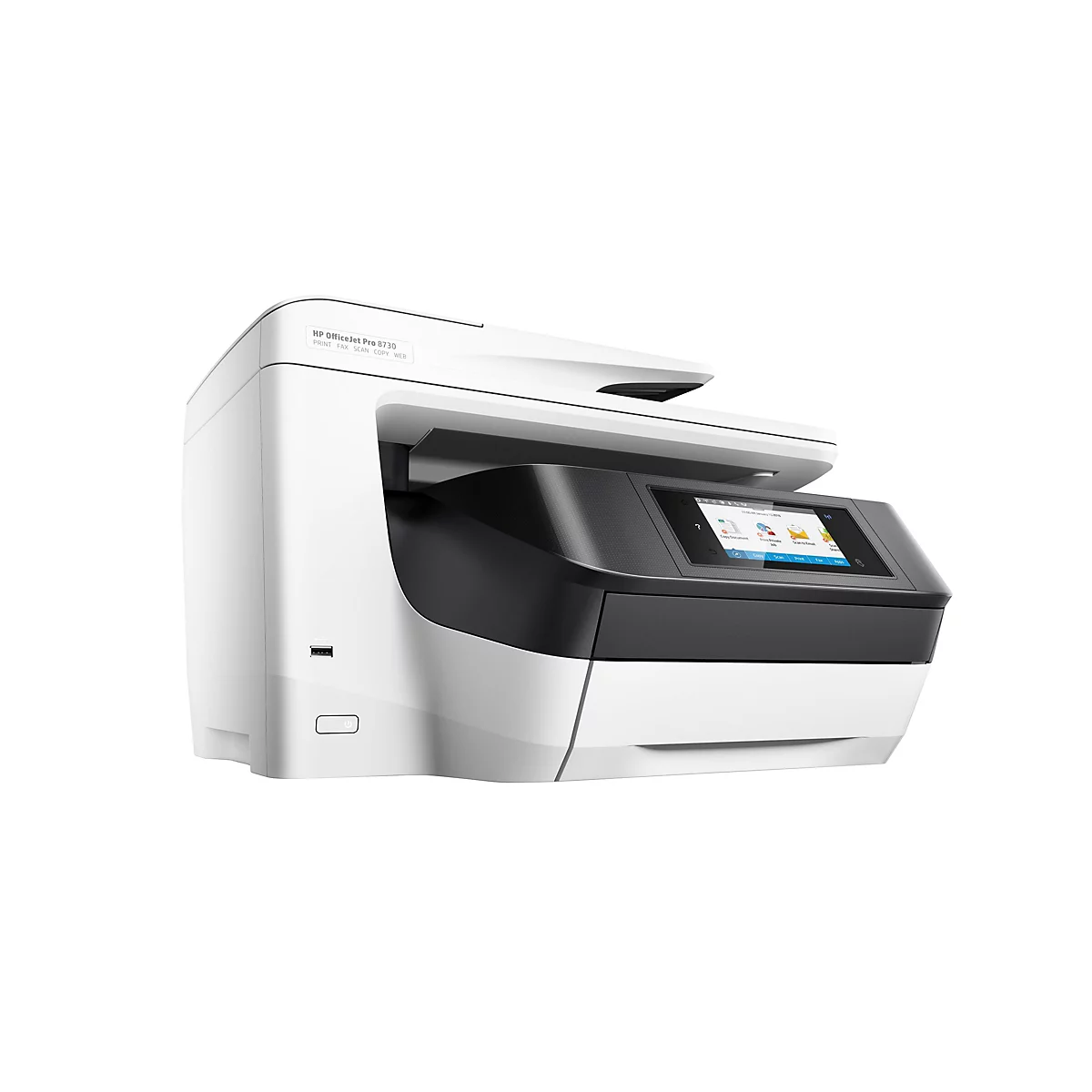 Ein weiß-schwarzer HP OfficeJet Pro 8730 Drucker. Er hat einen Touchscreen und verschiedene Funktionen wie Drucken, Scannen, Kopieren und Faxen.