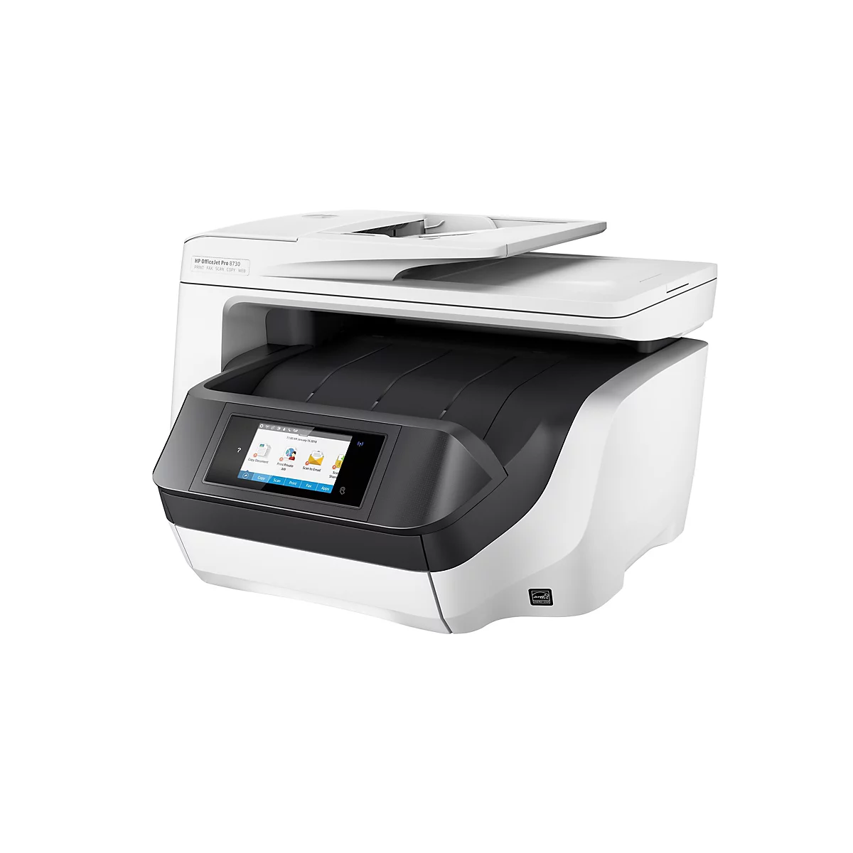Weißer HP OfficeJet Pro 8730 Multifunktionsdrucker. Er hat einen Flachbettscanner, ein Touchscreen-Display und das Energy Star-Logo.