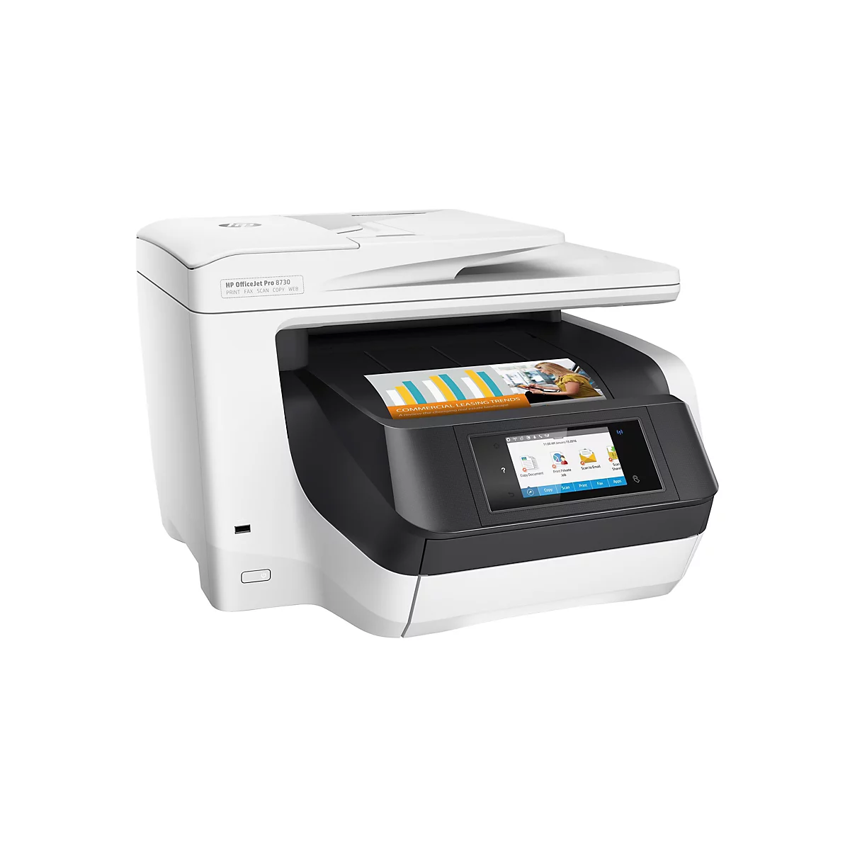 Ein weißer HP OfficeJet Pro 8730 Drucker mit großem Touchscreen und einem Dokument, auf dem "Commercial Leasing Trends" steht.