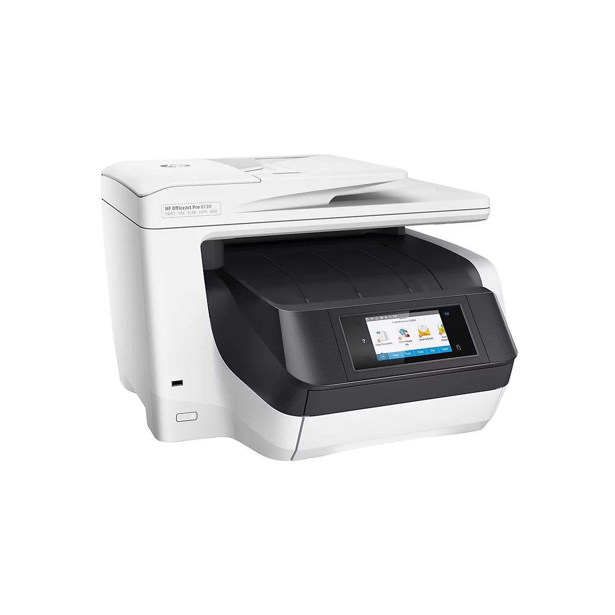 Ein weißer HP OfficeJet Pro 8730 Drucker. Auf dem Touchscreen sind Symbole für Kopieren, Scannen und Drucken zu sehen.