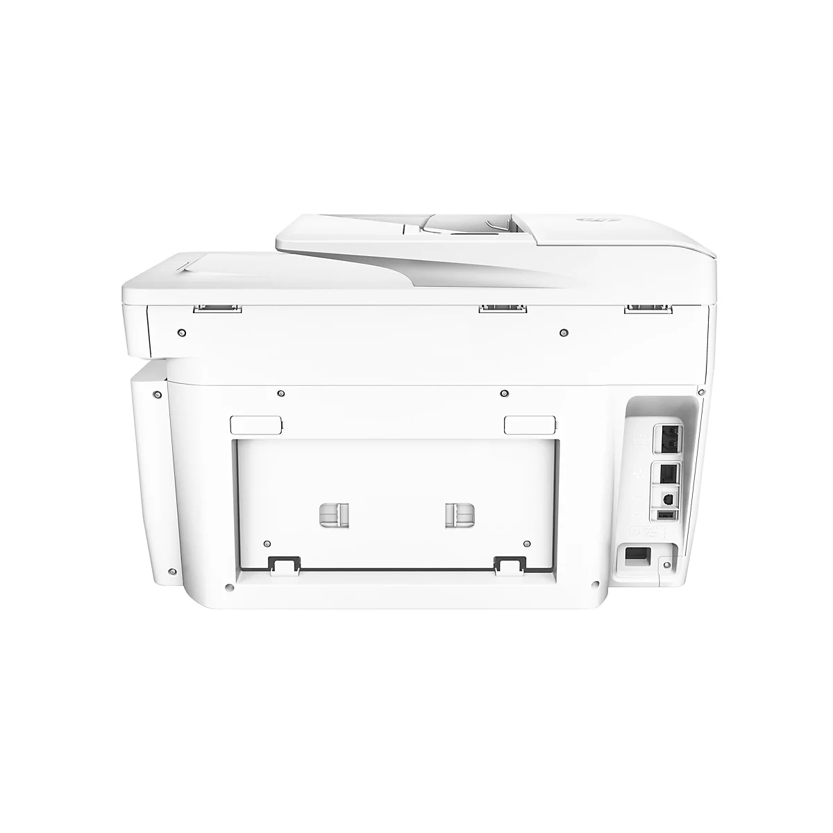 Rückansicht eines weißen Druckers, der auf einem weißen Hintergrund steht. Der Drucker hat ein rechteckiges Design mit abgerundeten Ecken. Auf der Rückseite befinden sich Anschlüsse für Strom, USB und Netzwerk.