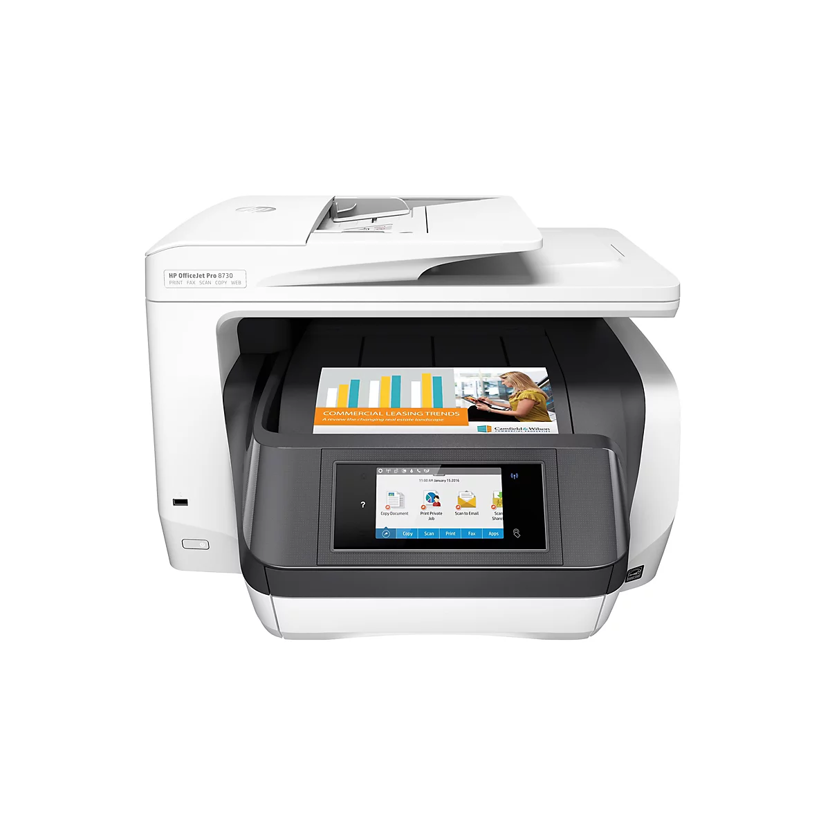 Ein weißer HP OfficeJet Pro 8730 Drucker mit einem farbigen Ausdruck, der in der Ausgabeschale liegt. Auf dem Touchscreen werden verschiedene Funktionen angezeigt.