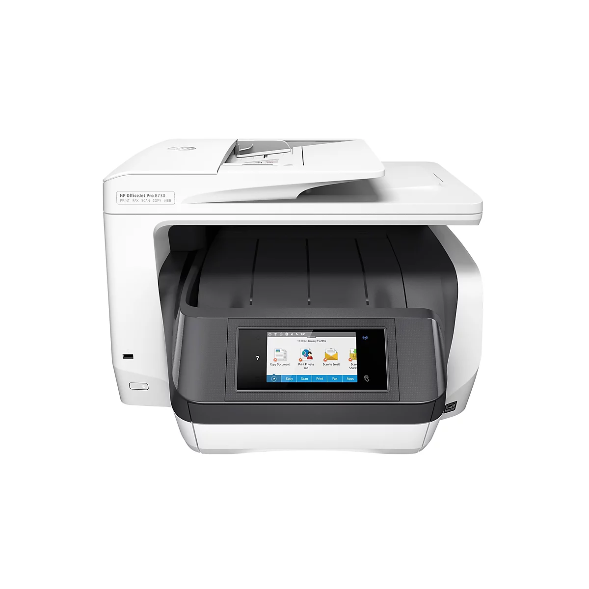Ein weißer HP OfficeJet Pro 8730 Drucker vor weißem Hintergrund. Auf dem Display werden verschiedene Funktionen angezeigt.