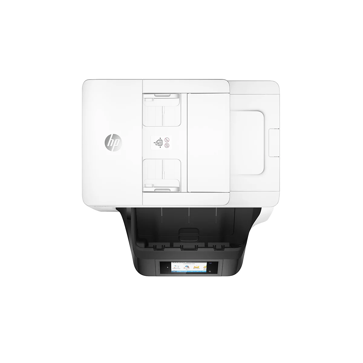 Draufsicht auf einen weißen HP-Multifunktionsdrucker. Das Bedienfeld zeigt verschiedene Funktionen.