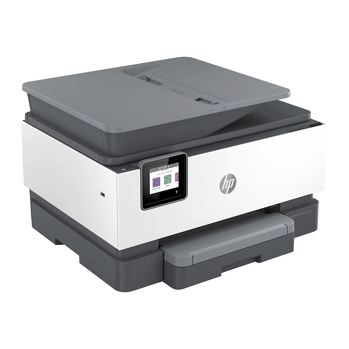 Ein weiÃŸ-grauer HP-Multifunktionsdrucker mit Touchscreen-Display, der sich auf weiÃŸem Hintergrund befindet.