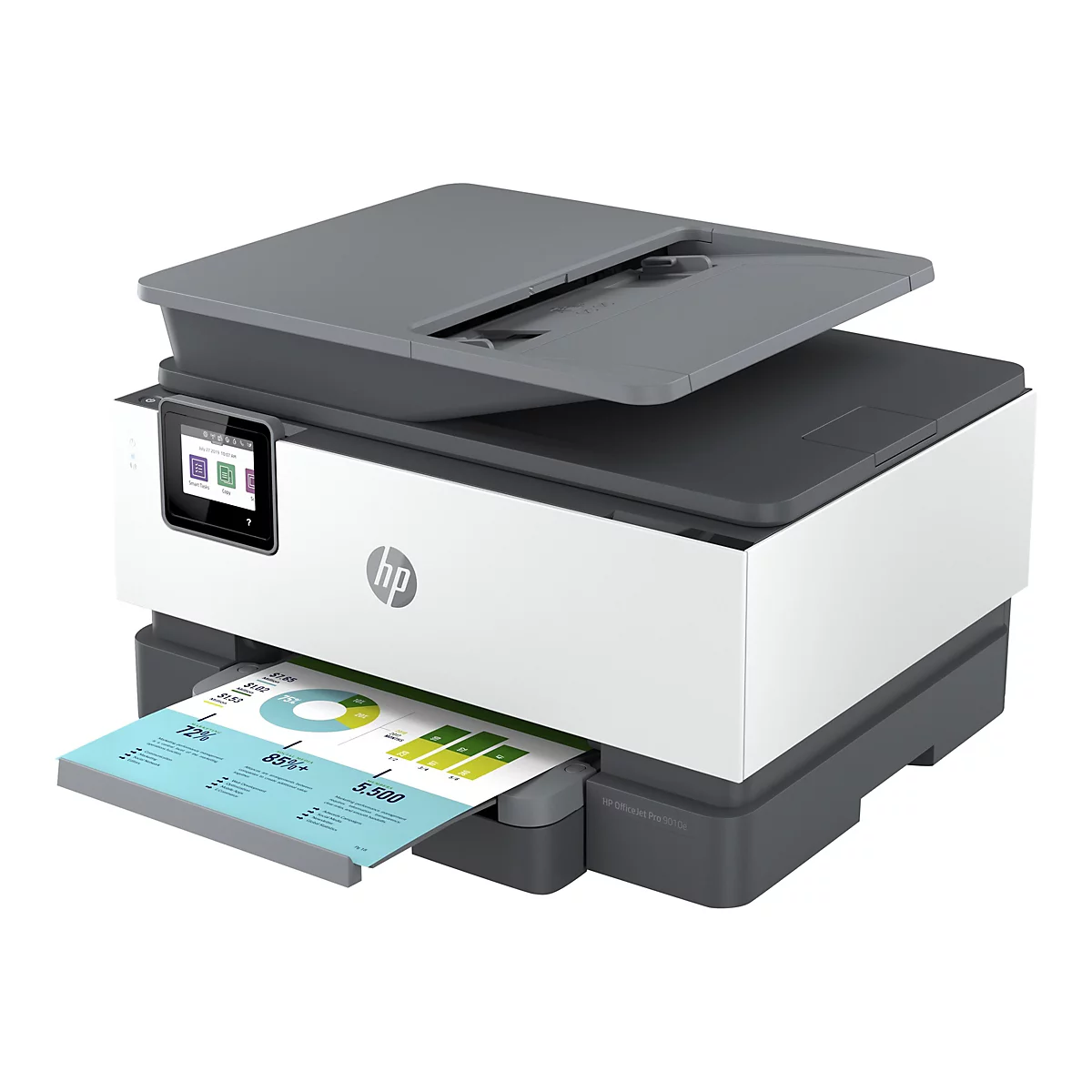 WeiÃŸ-grauer Drucker mit Farbdisplay und Ausdruck. Auf dem Papier sind Diagramme zu sehen. Das HP-Logo befindet sich rechts unten.