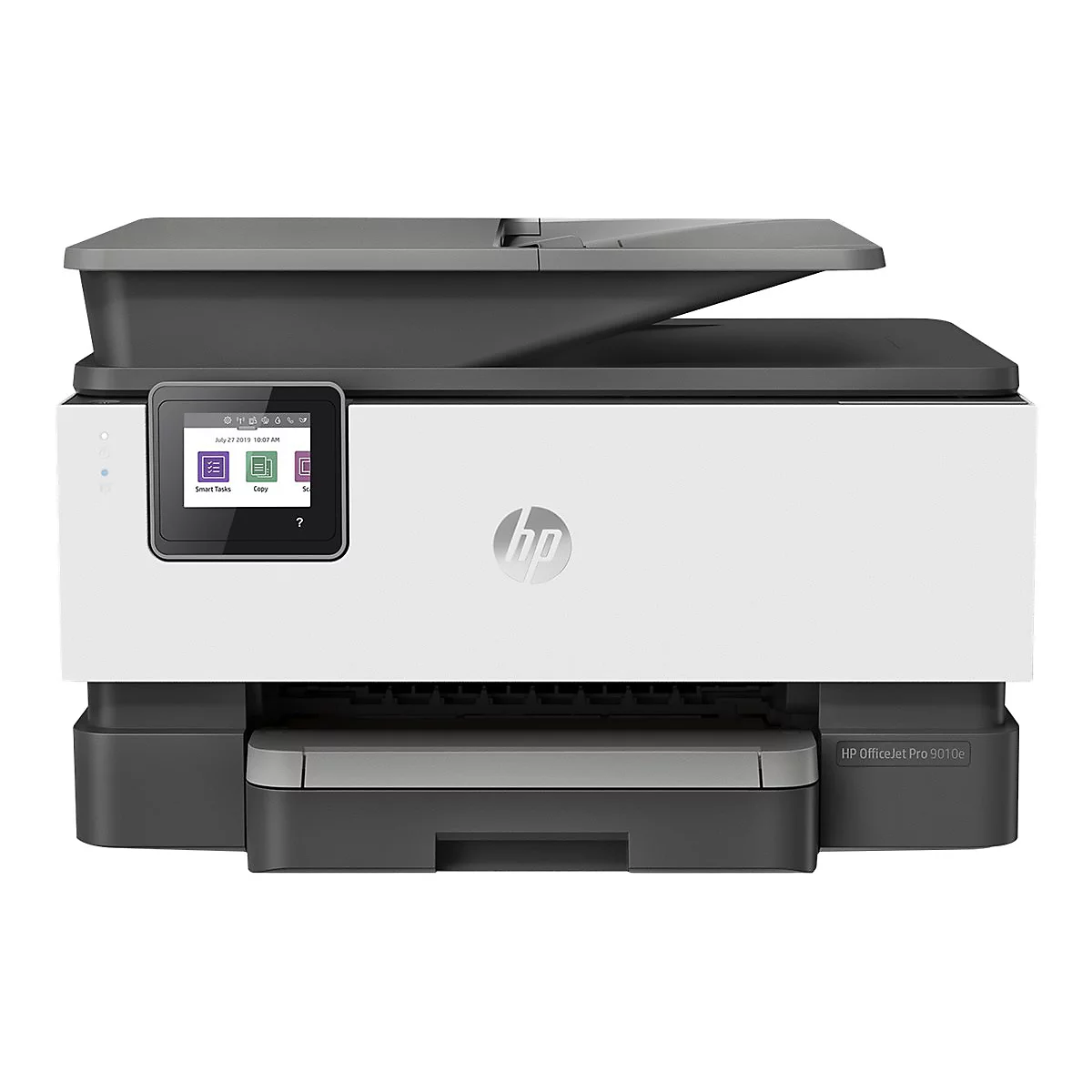 WeiÃŸ-grauer HP-Drucker mit Touchscreen und HP-Logo. Schwarz-weiÃŸe Farbgebung. Schublade fÃ¼r Papier.