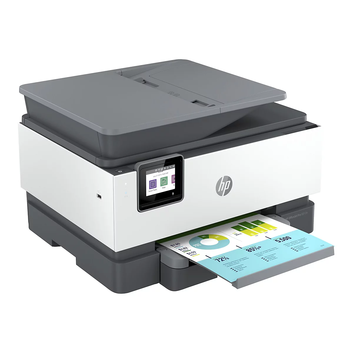 Ein weiÃŸ-grauer HP Drucker mit einem Bildschirm und Papierausgabe, das ein Diagramm zeigt.