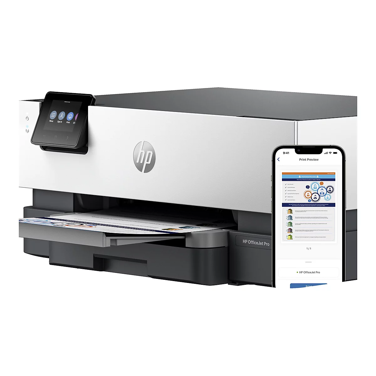 Ein Drucker mit Touchscreen zeigt eine Druckvorschau auf einem Smartphone. Das HP-Logo ist auf dem Drucker zu sehen.