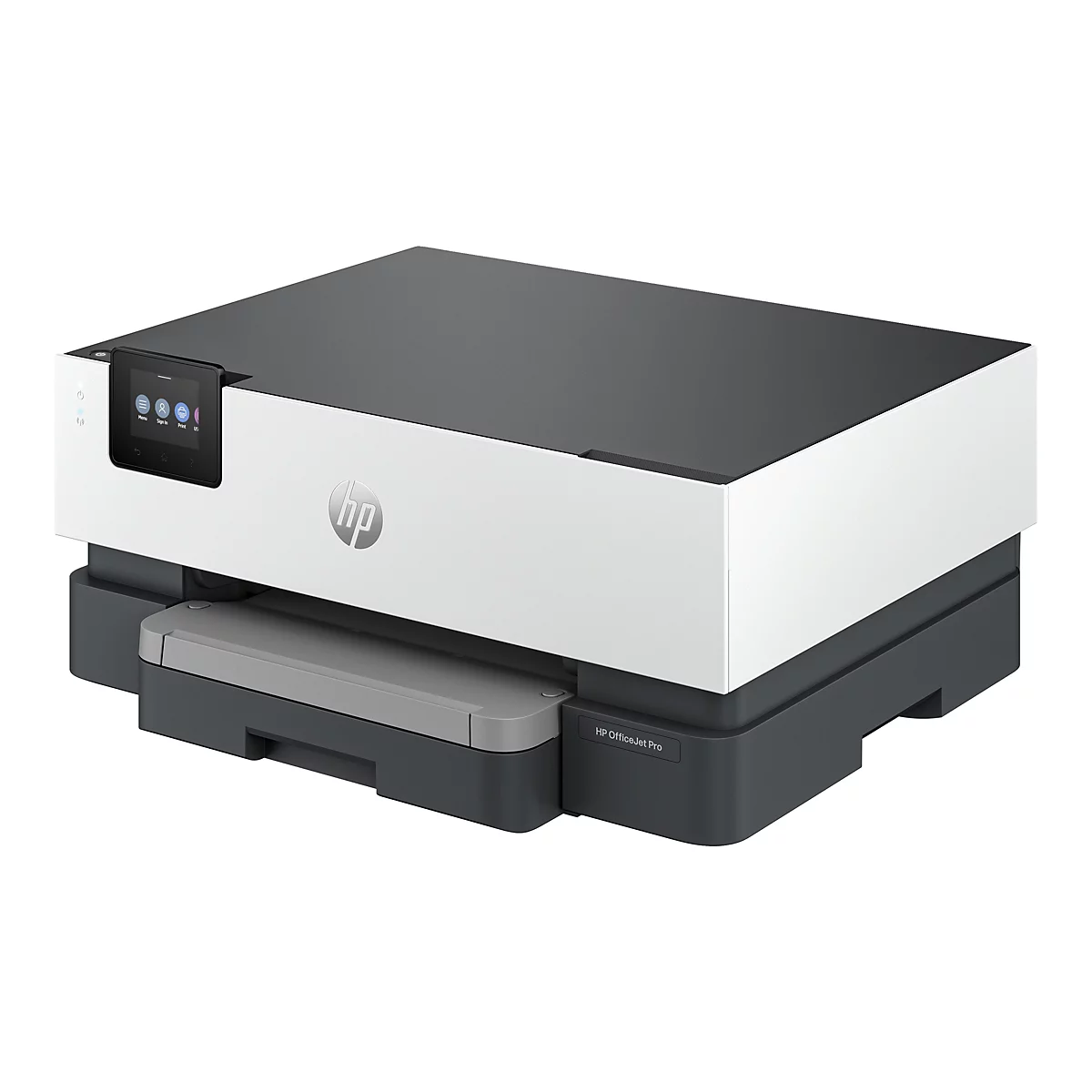 Ein Drucker, vor weissem Hintergrund. Er hat eine graue Oberseite und einen weissen Körper mit einem kleinen Farbbildschirm auf der linken Seite. Das HP-Logo ist sichtbar.