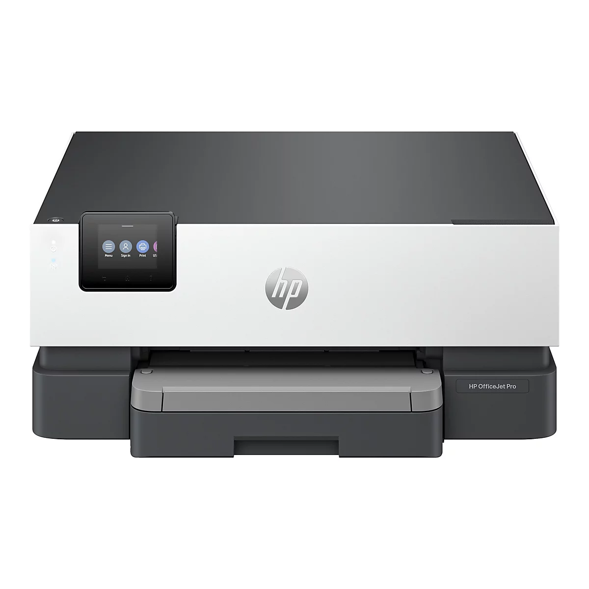 Weiß-grauer HP OfficeJet Pro Drucker mit Bedienfeld. Graue obere Abdeckung, weißer Korpus, grauer Papierschacht.