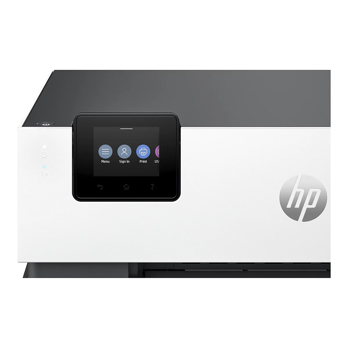 HP Drucker mit Touchscreen. Das Display zeigt Menü-, Anmelde-, Druck- und USB-Symbole. Auf dem Gerät ist das HP-Logo zu sehen.