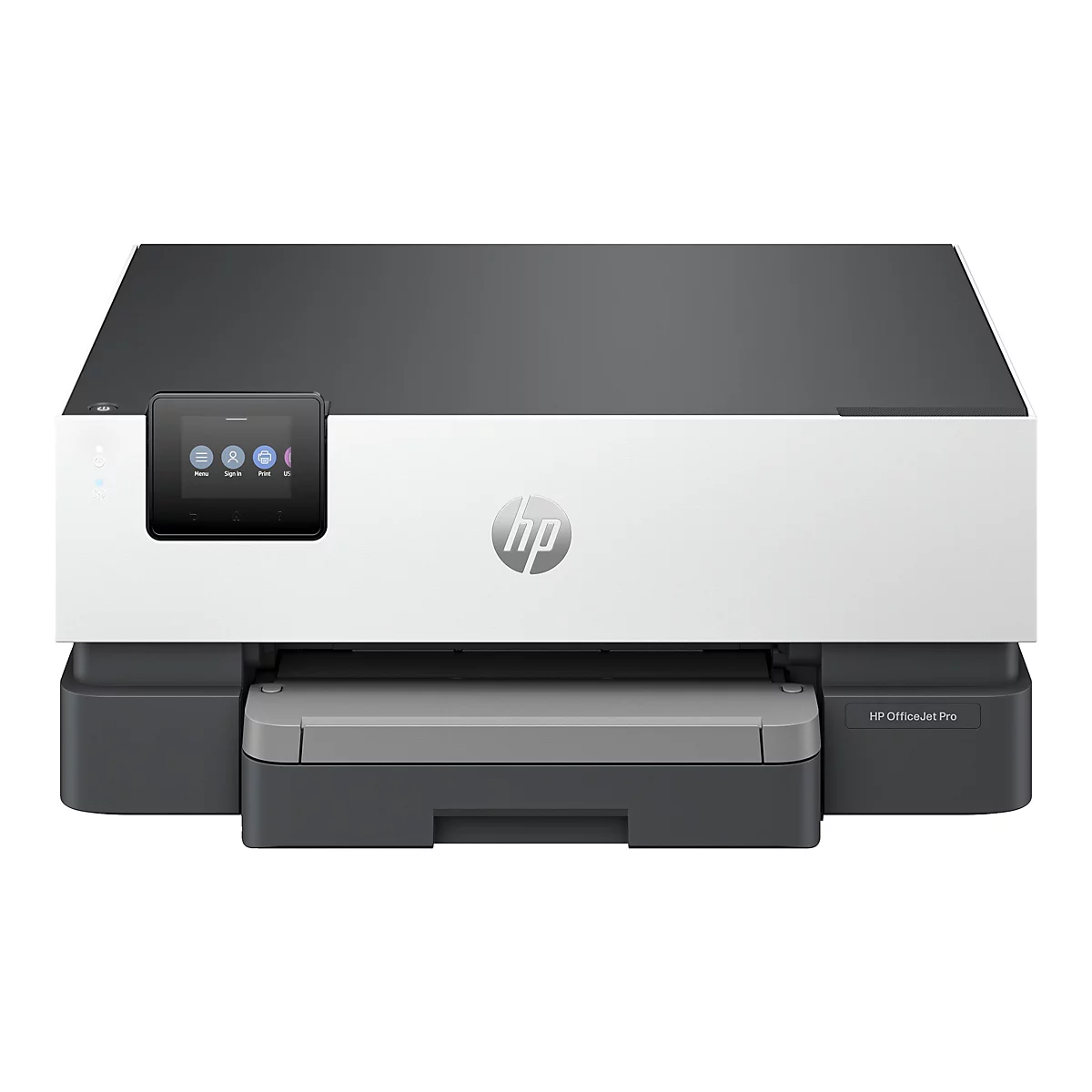 Ein weiß-grauer HP OfficeJet Pro Drucker mit Touchscreen-Bedienfeld. Auf dem Bedienfeld sind Icons für Menü, Anmeldung, Drucken und USA zu sehen.