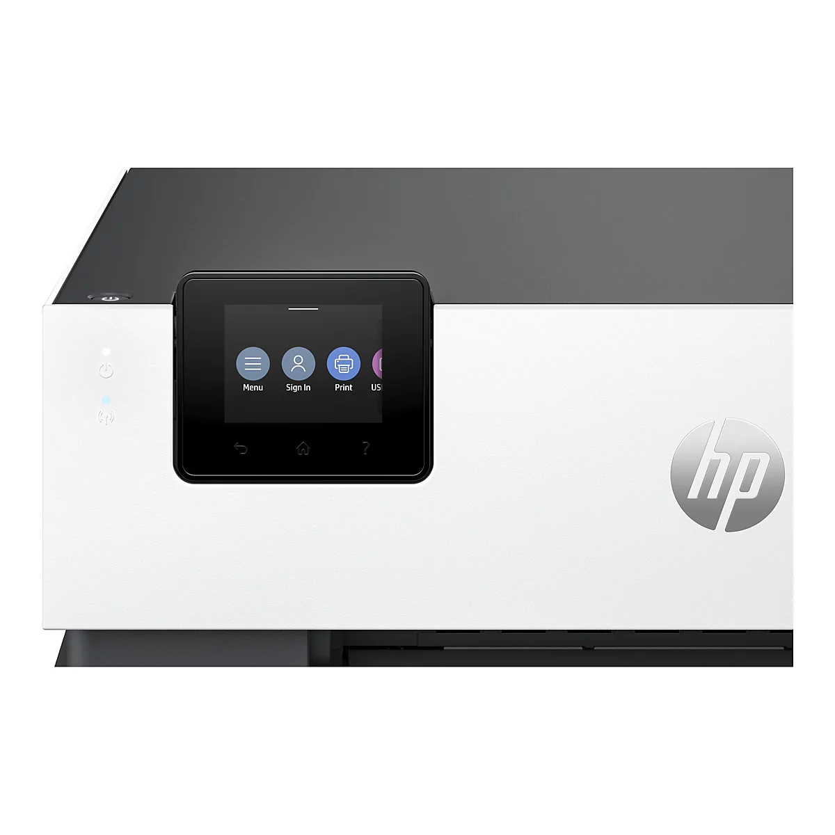 Ein weiß-grauer HP-Drucker mit Touchscreen. Auf dem Bildschirm sind Menü, Anmelden und Drucken dargestellt.