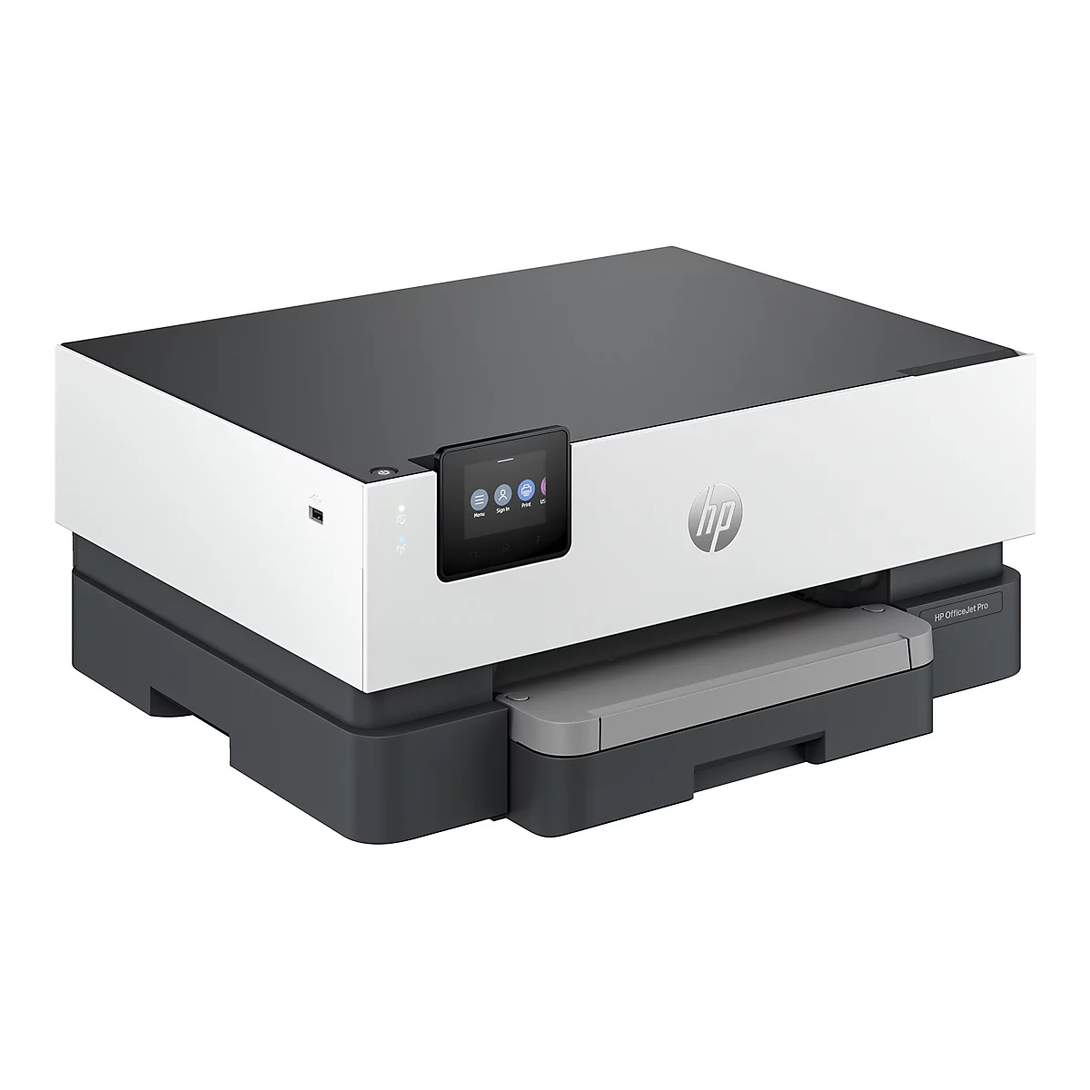 Ein HP OfficeJet Pro Drucker. Das Gerät hat eine weiße und graue Farbgebung mit einem schwarzen Bedienfeld.