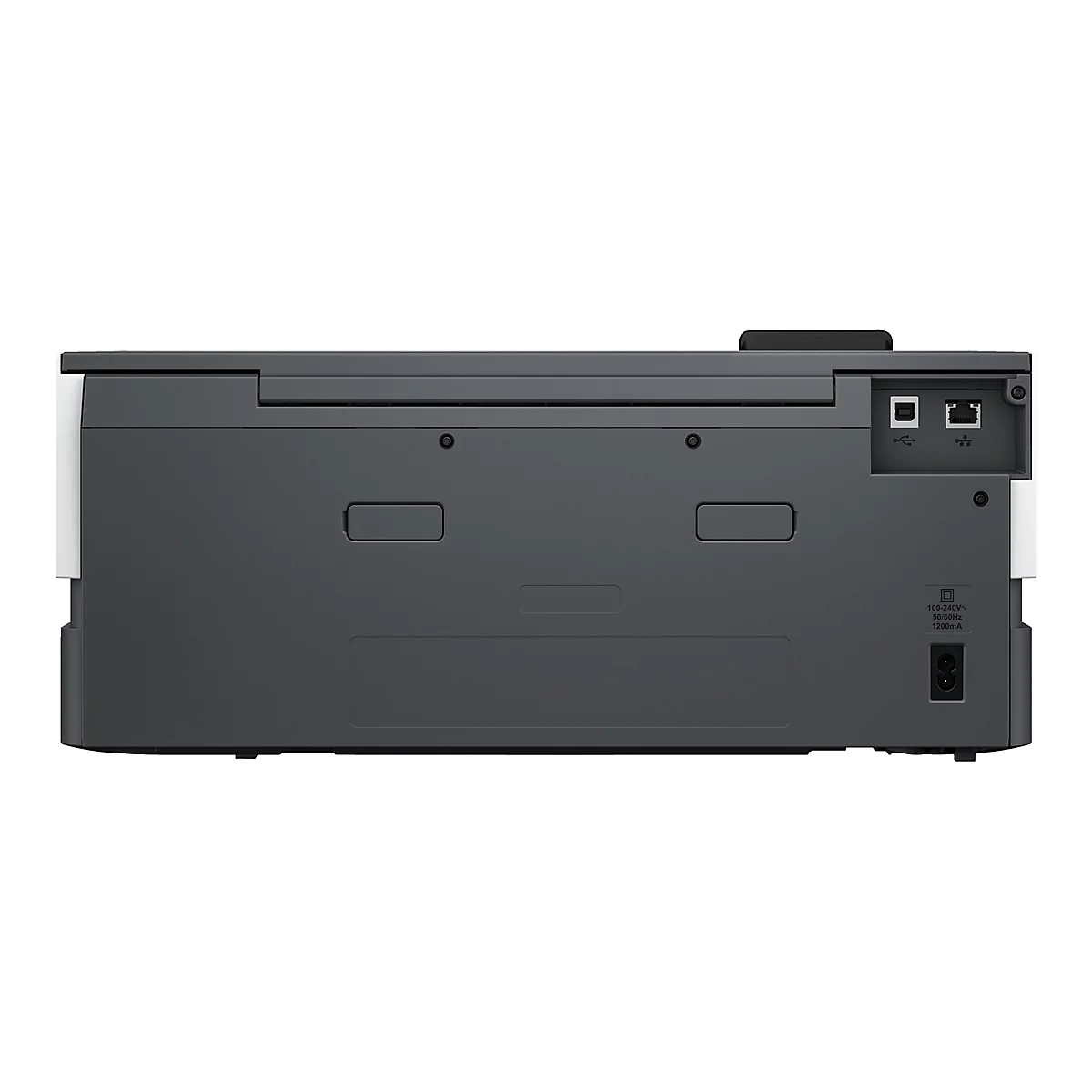 Rückansicht eines grauen Druckers mit Anschlüssen, darunter USB, Ethernet, und Stromanschluss.