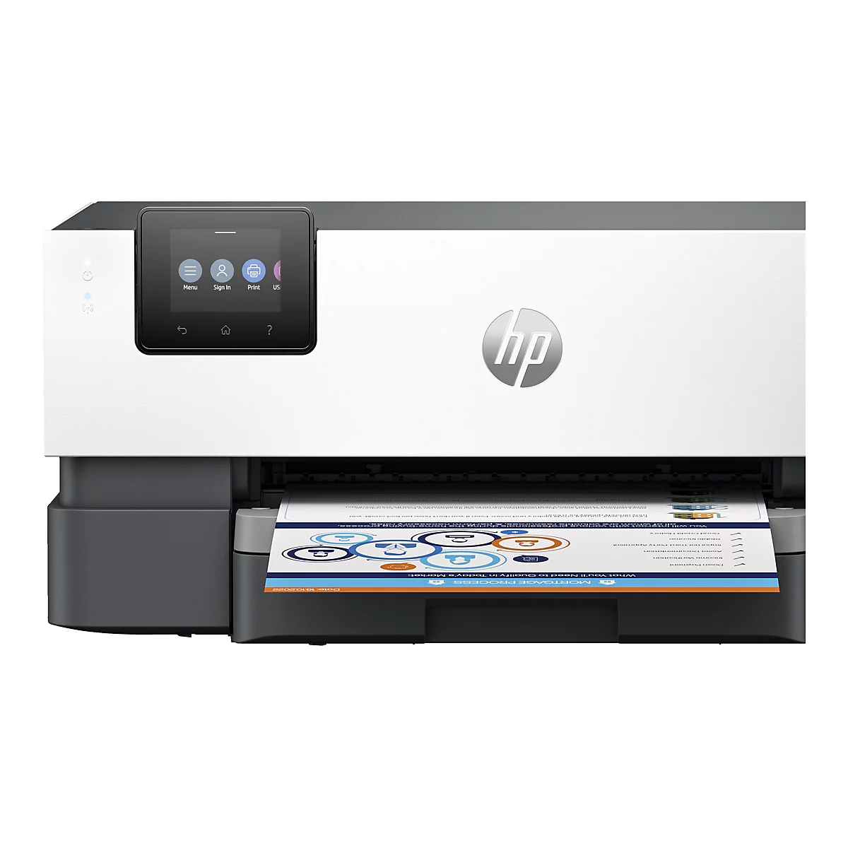 Ein weißer HP Drucker mit Farbdisplay, auf dem Menü, Anmelden, Drucken und andere Symbole angezeigt werden. Im Drucker wird ein farbiges Informationsblatt ausgedruckt.