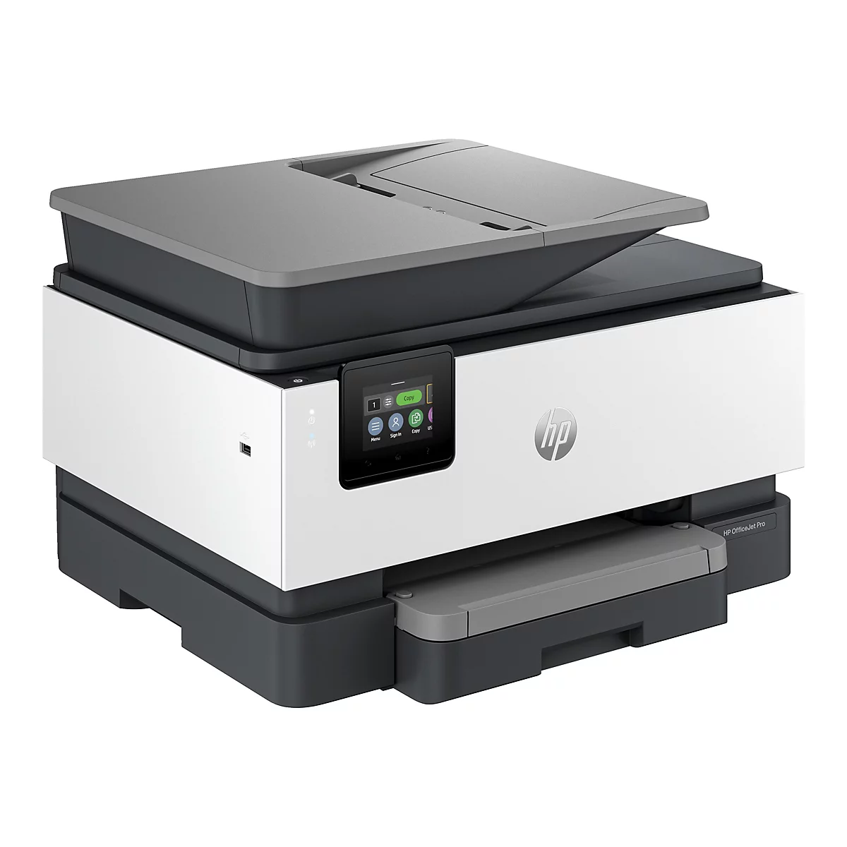 Ein weiß-grauer HP OfficeJet Pro Drucker, Display mit Menü, Kopie, Scan-Funktionen.