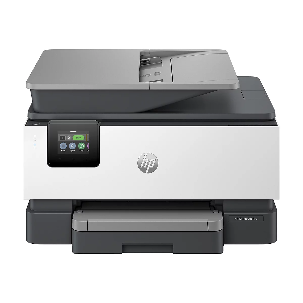 Ein weißer HP OfficeJet Pro Drucker, mit einem schwarzen Bedienfeld und Touchscreen. Auf dem Drucker ist das HP-Logo abgebildet. 