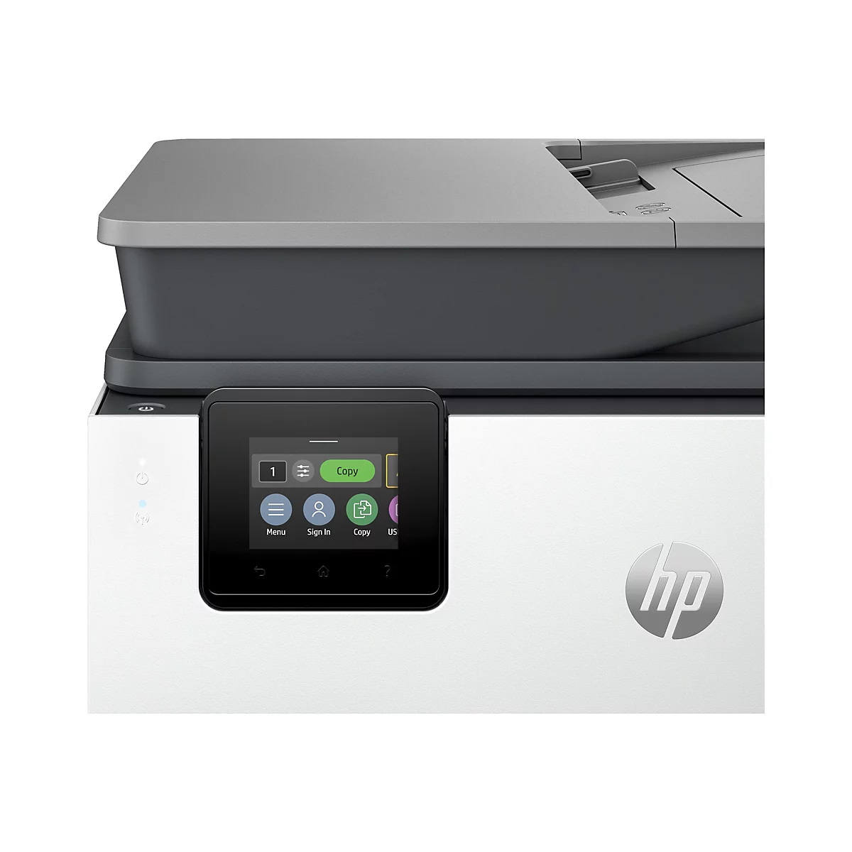 Ein weißer HP Drucker mit grauem Oberteil, einem schwarzen Touchscreen und dem HP Logo.