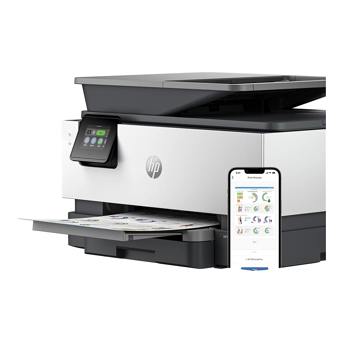 Ein HP OfficeJet Pro Drucker. Auf dem Touchscreen ist die Option zum Kopieren ausgewählt. Daneben liegt ein Smartphone mit einer Druckvorschau.