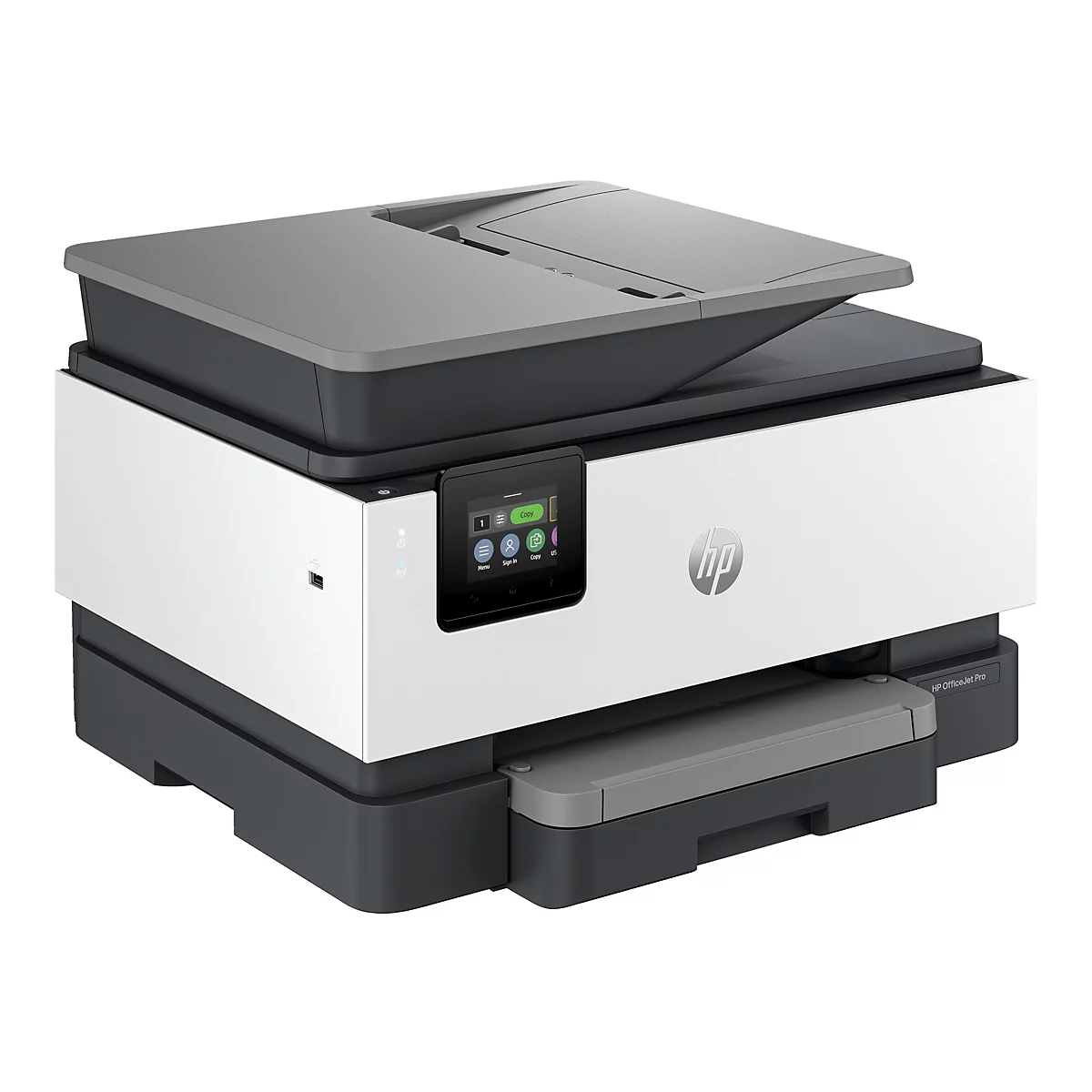 Une imprimante multifonction HP OfficeJet Pro sur fond blanc. L'imprimante est de couleur blanche et grise avec un écran tactile et le logo HP.