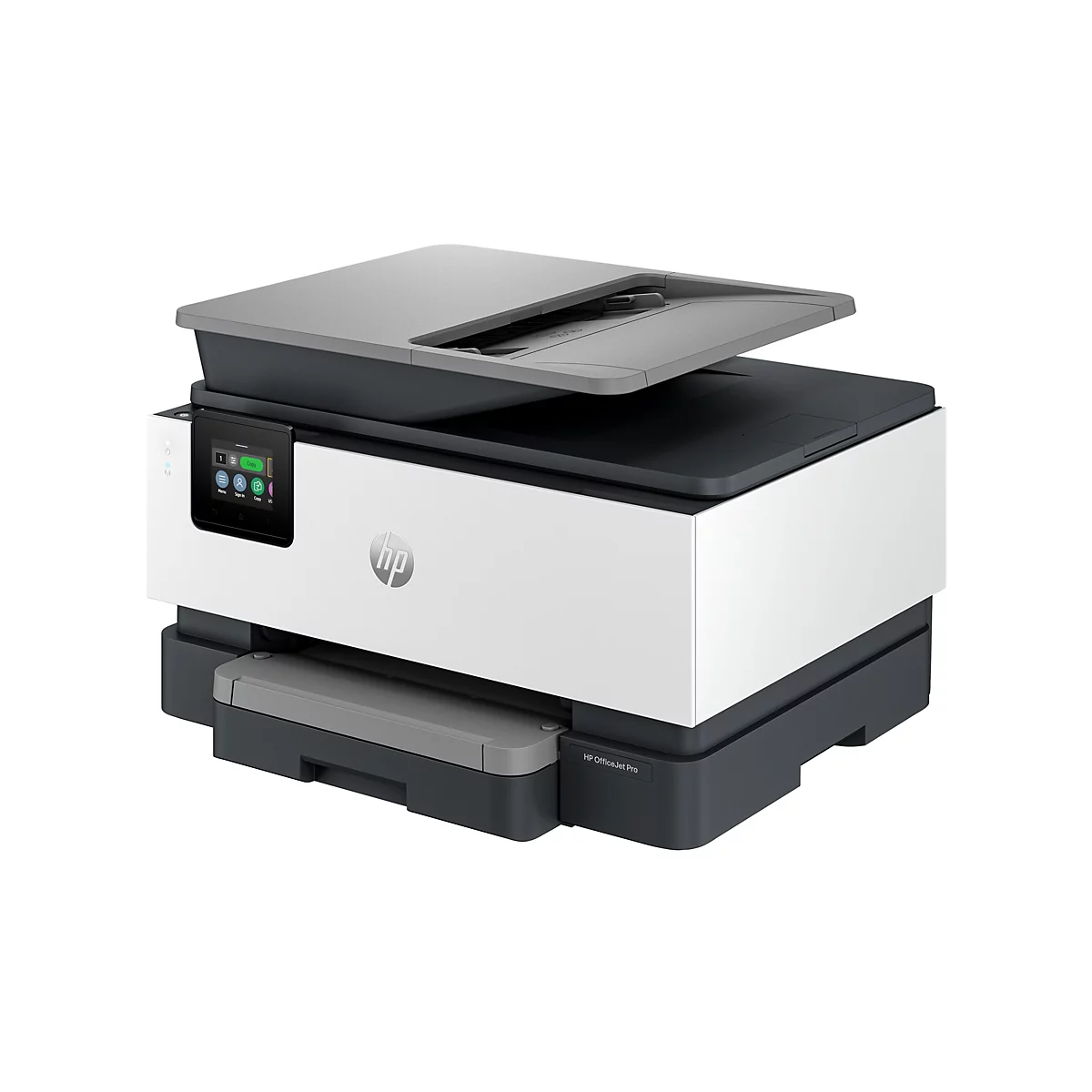Une imprimante HP OfficeJet Pro blanche et grise avec le couvercle du scanner ouvert. Diverses options sont visibles sur l'écran tactile.