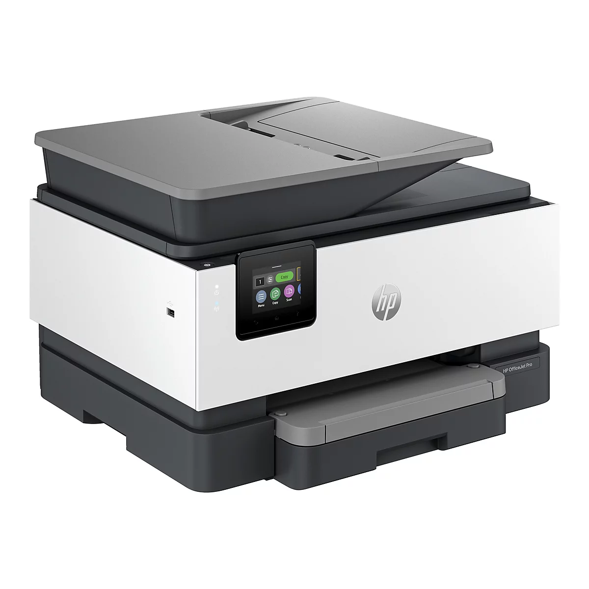 Une imprimante HP OfficeJet Pro blanche et grise. Diverses fonctions sont affichées sur l'écran tactile. Le logo HP est visible sur le devant.