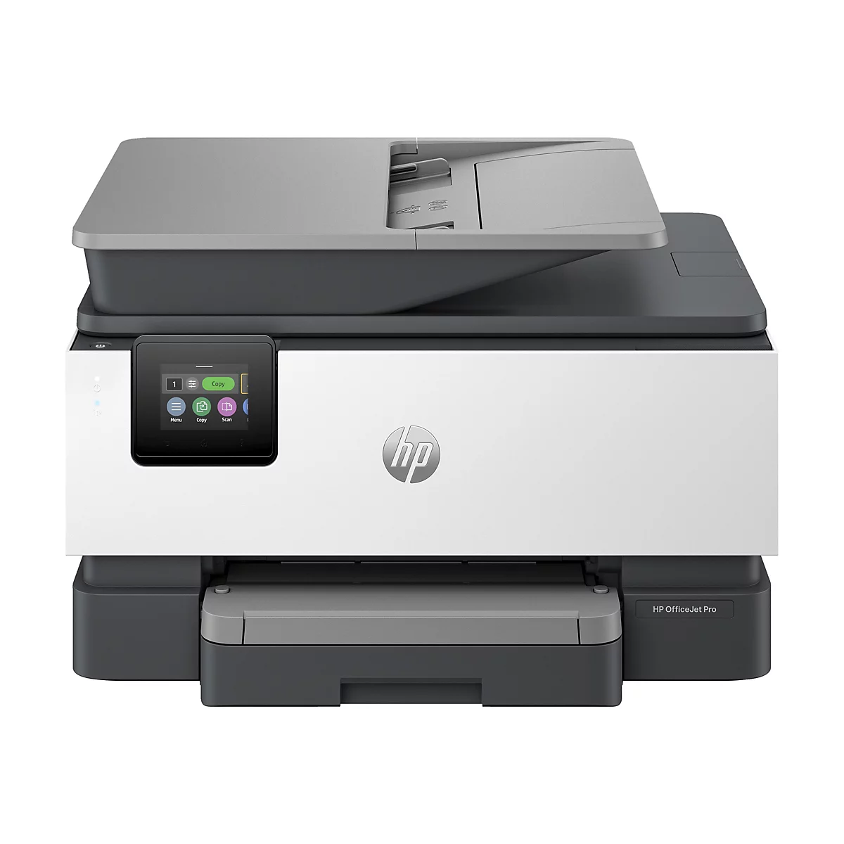 Imprimante multifonction HP OfficeJet Pro, blanche et gris foncé, écran tactile, logo HP. Imprimé : "Copier" et "Numériser".
