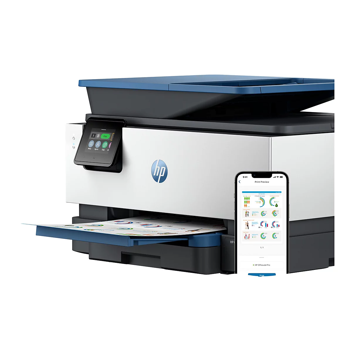 Ein HP OfficeJet Pro Drucker, daneben ein Smartphone mit Druckvorschau.