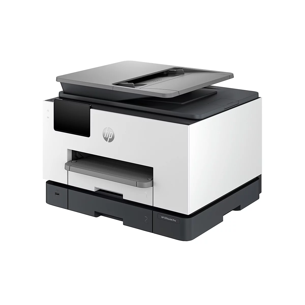 Ein weiß-grauer HP OfficeJet Pro Drucker, mit geöffnetem Scannerdeckel. Auf der Vorderseite das HP-Logo.