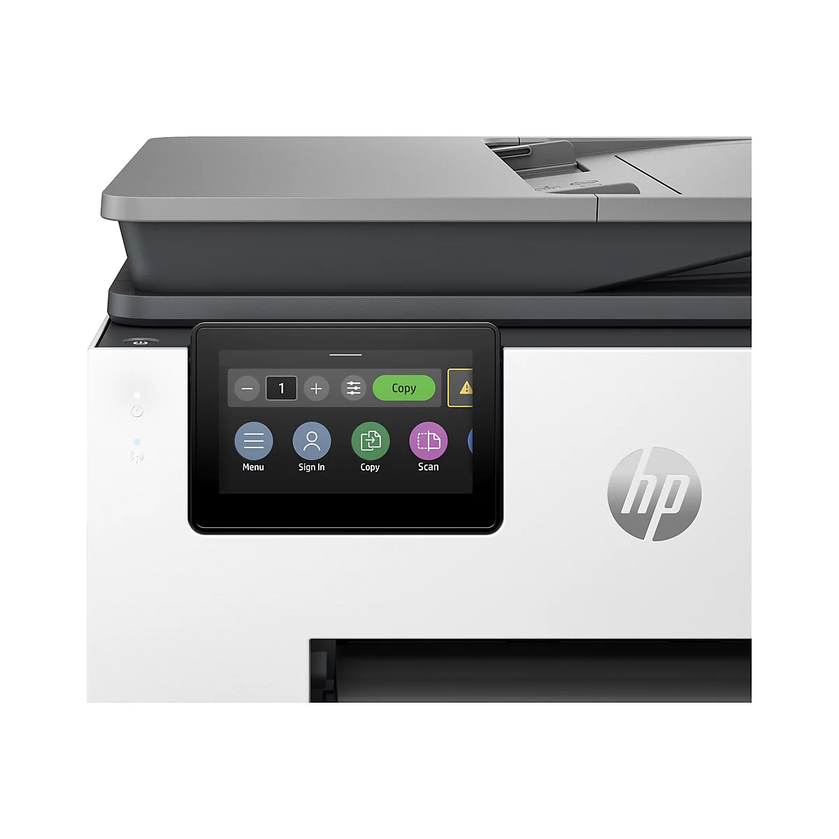 Nahaufnahme eines HP-Multifunktionsdruckers mit Touchscreen. Menü-, Kopier- und Scan-Funktionen sind sichtbar.