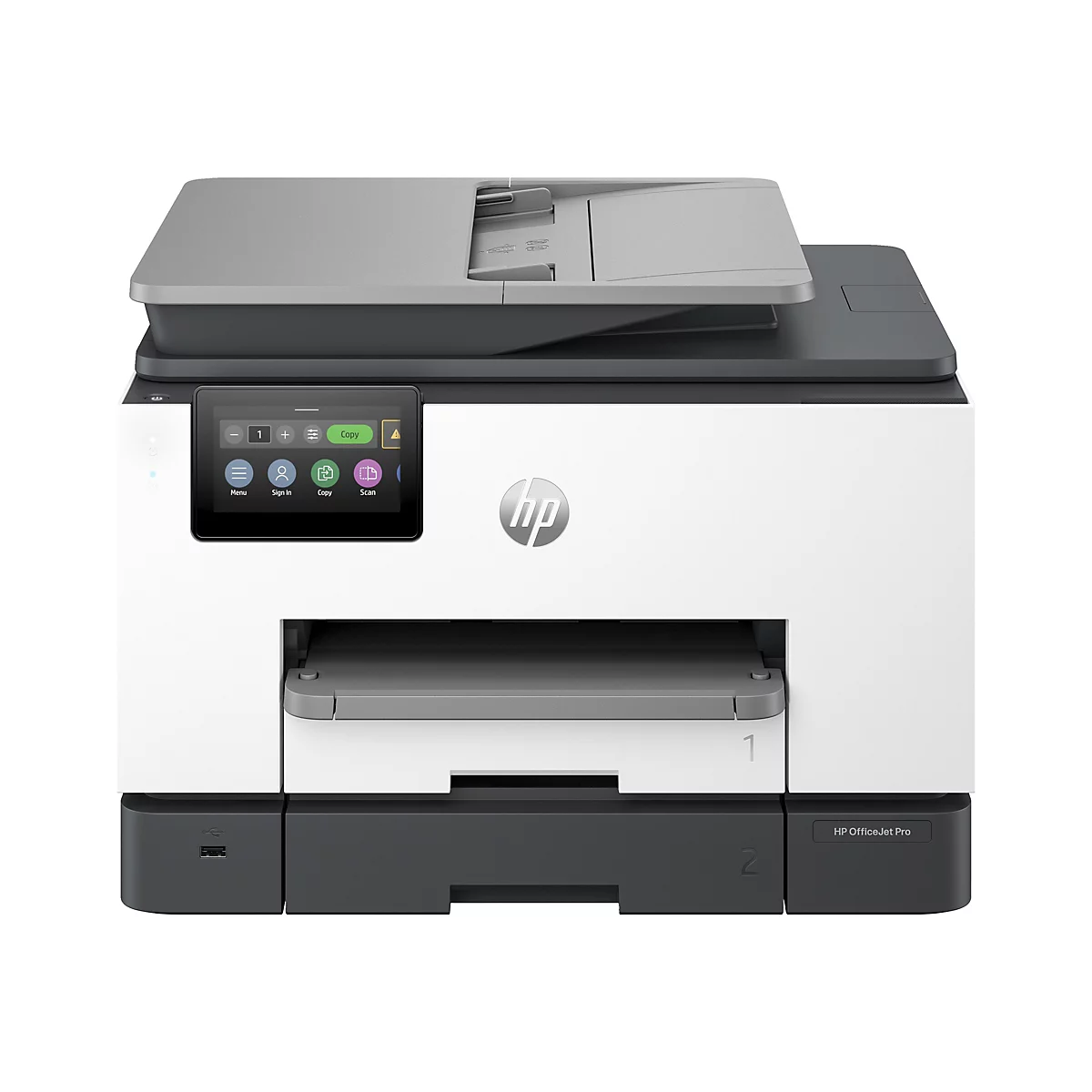 Ein weiß-grauer HP OfficeJet Pro Drucker. Auf dem Bedienfeld befinden sich Knöpfe für Menü, Anmelden, Kopieren und Scannen.