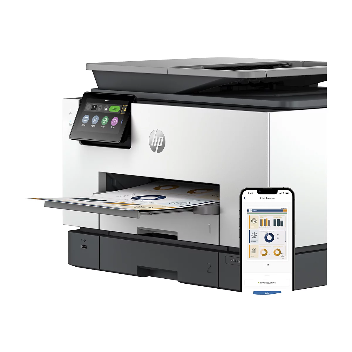 Ein weißer HP Drucker mit Touchscreen. Auf dem Bildschirm eines daneben liegenden Smartphones wird eine Druckvorschau angezeigt. Eine Seite wird vom Drucker ausgedruckt.