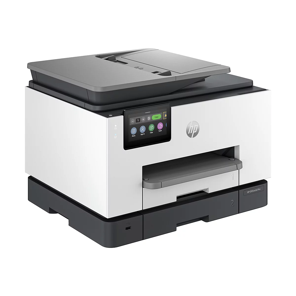 Ein weiß-grauer HP OfficeJet Pro Drucker mit Touchscreen-Bedienfeld. Der Drucker hat ein offenes Papierfach und das HP-Logo.