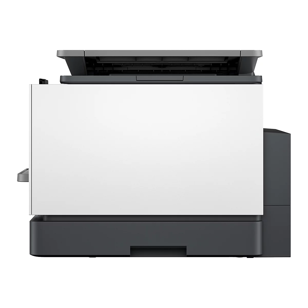 Ein Drucker mit weißer Front und grauem Oberteil steht vor weißem Hintergrund.